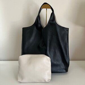 NEW Reversible Vegan Leather Tote with Pouch Bag - Black & Ivory 2 Bags in 1